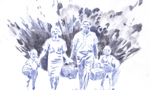 Une famille, panier de pique nique à la main, marche vers nous joyeusement. Derrière elle, l'explosion d'un obus qui ne semble pas les déranger.